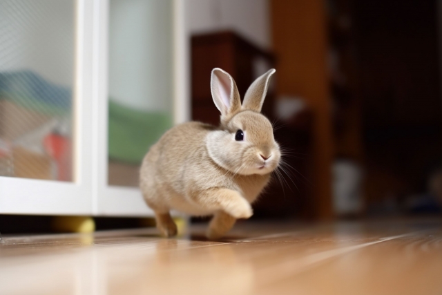 部屋の中を走り回るネザーランドドワーフ